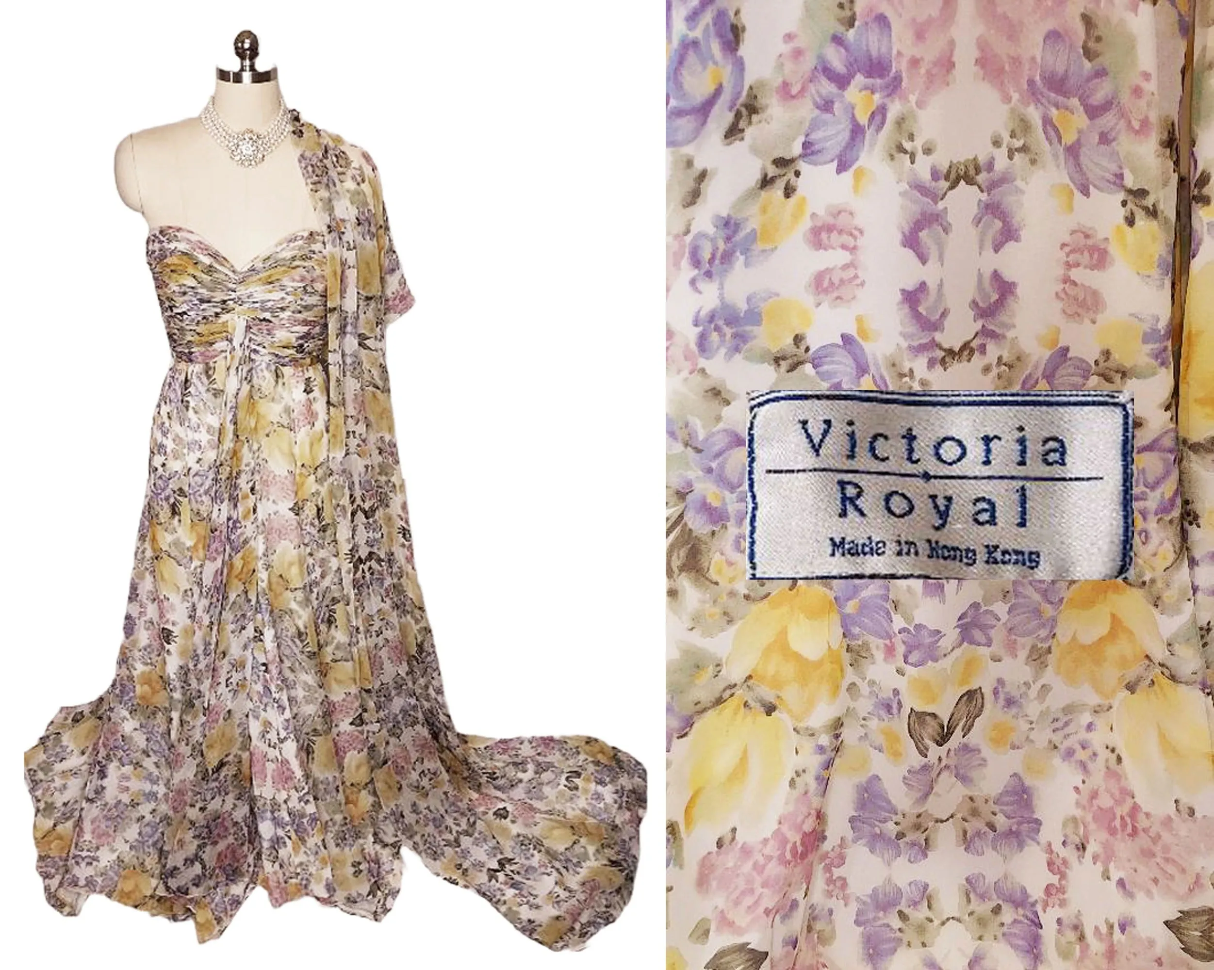 * VINTAGE VICTORIA ROYAL MADE IN HONG KONG RUCHED SWEETHEART NECKLINE EVENING GOWN WITH STOLE