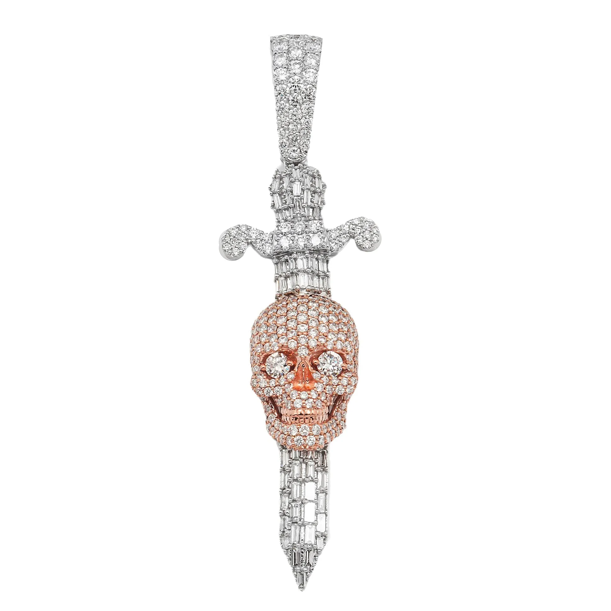 10k Two Tone Rose and White Gold Diamond Skull Dagger Pendant 3.59 ctw