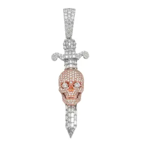 10k Two Tone Rose and White Gold Diamond Skull Dagger Pendant 3.59 ctw