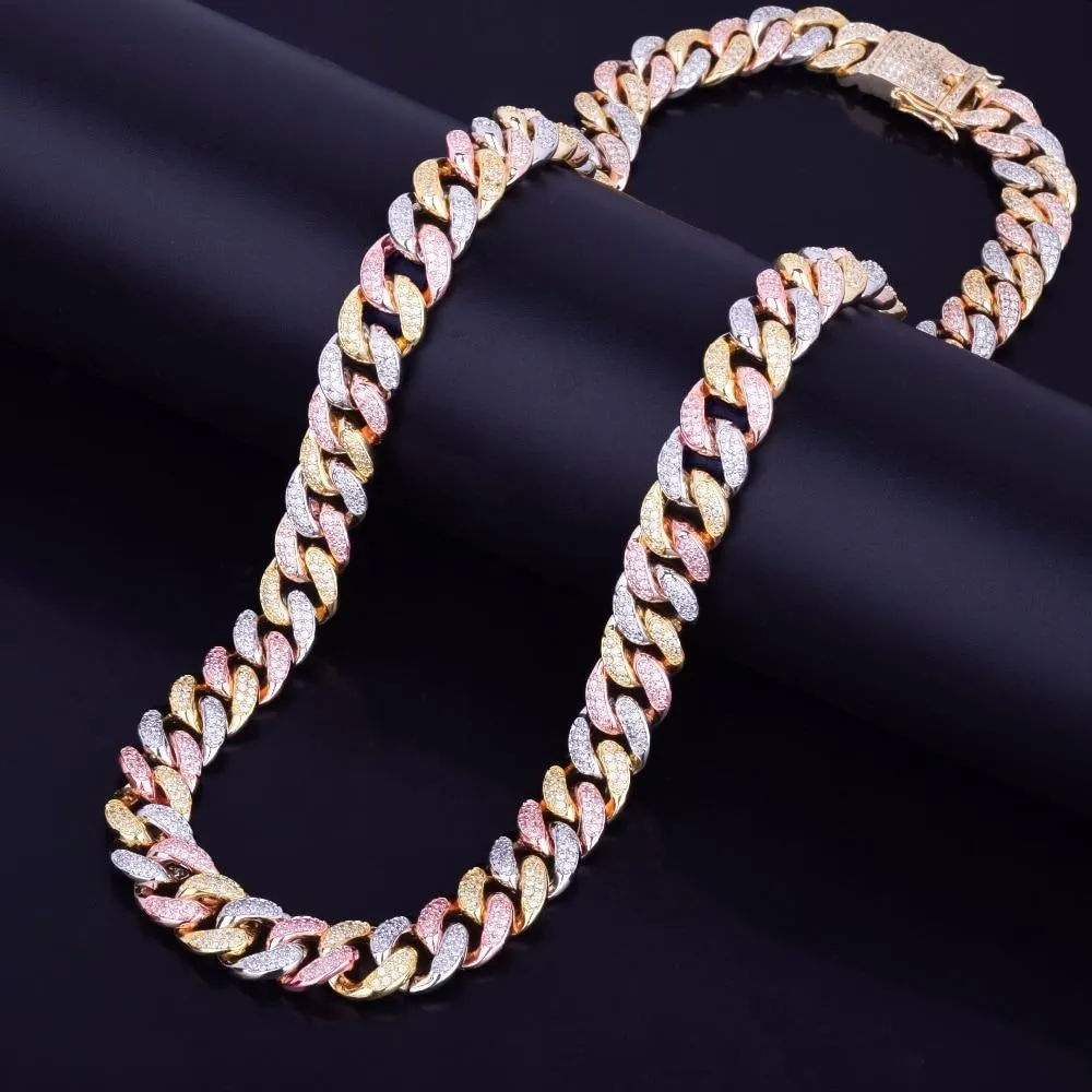 12mm Mixed Color Cuban Necklace Copper Material CZ  Link 16-28inch