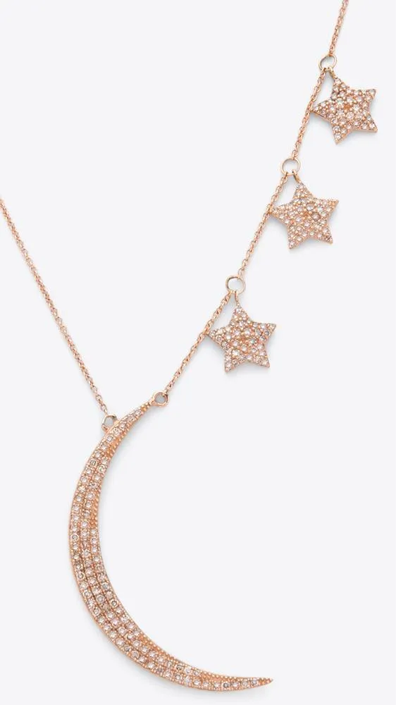 14k Rose Gold and Diamond Moon and Stars Necklace