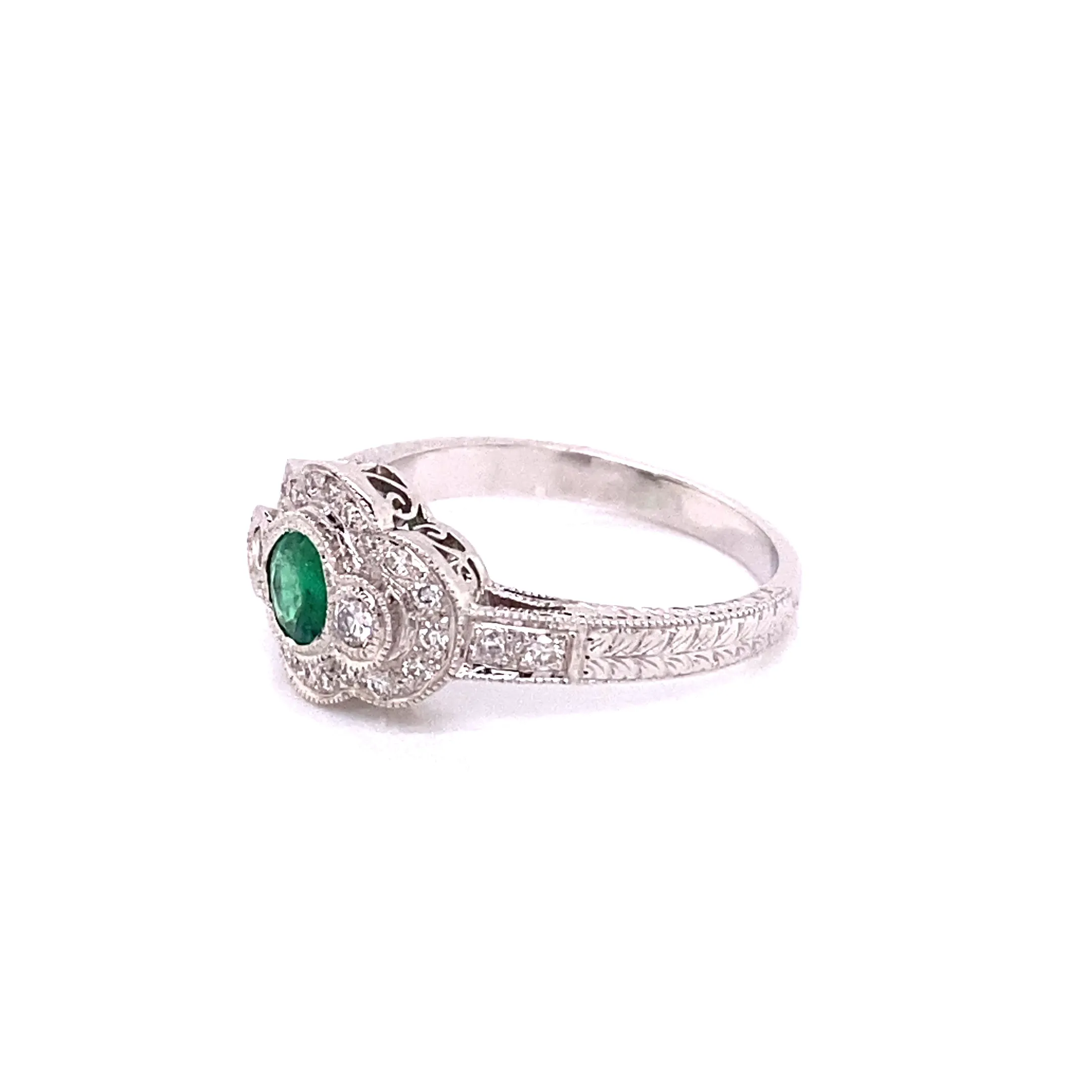 18KW Round Emerald & Diamond Fashion Ring