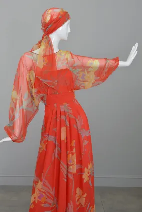 1960s 70s Designer Floral Print Chiffon Obi Sash Kimono Maxi Dress from Bergdorf Goodman