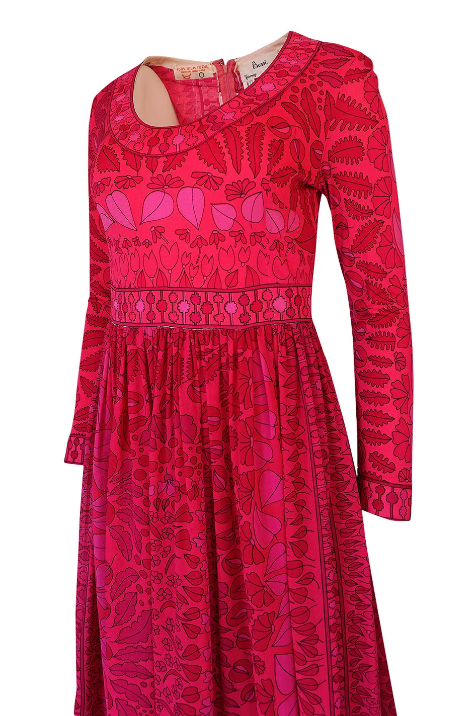 1960s Bessi Silk Jersey & Silk Chiffon Pink & Red Print Dress