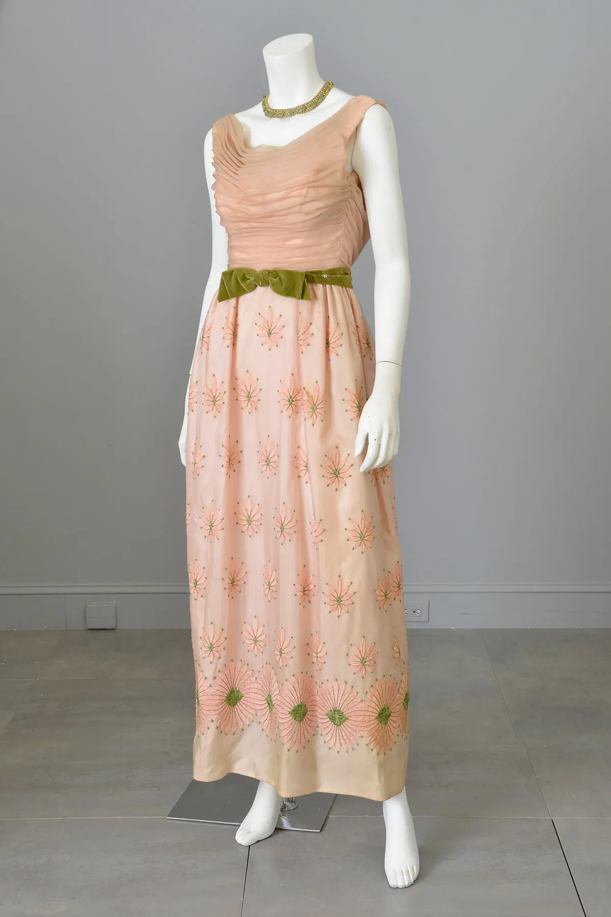 1960s Dusty Peach Pink Embroidered Ruched Gown | Vintage Bridesmaid or Prom Dress | XXS