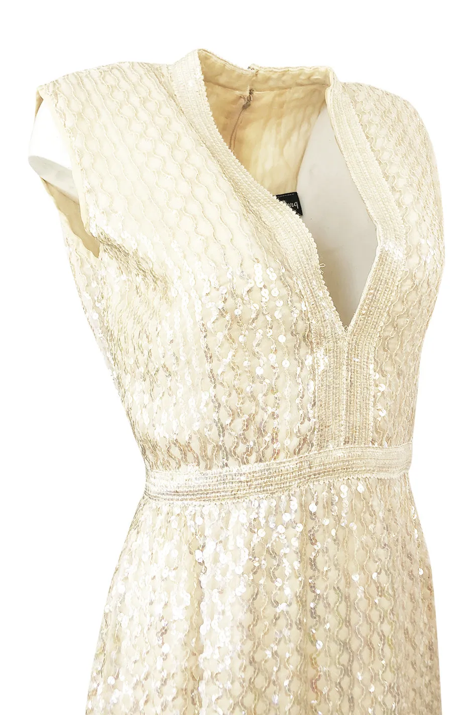 1960s Fred Perlberg Long Ivory Fully Sequinned Plunge Dress