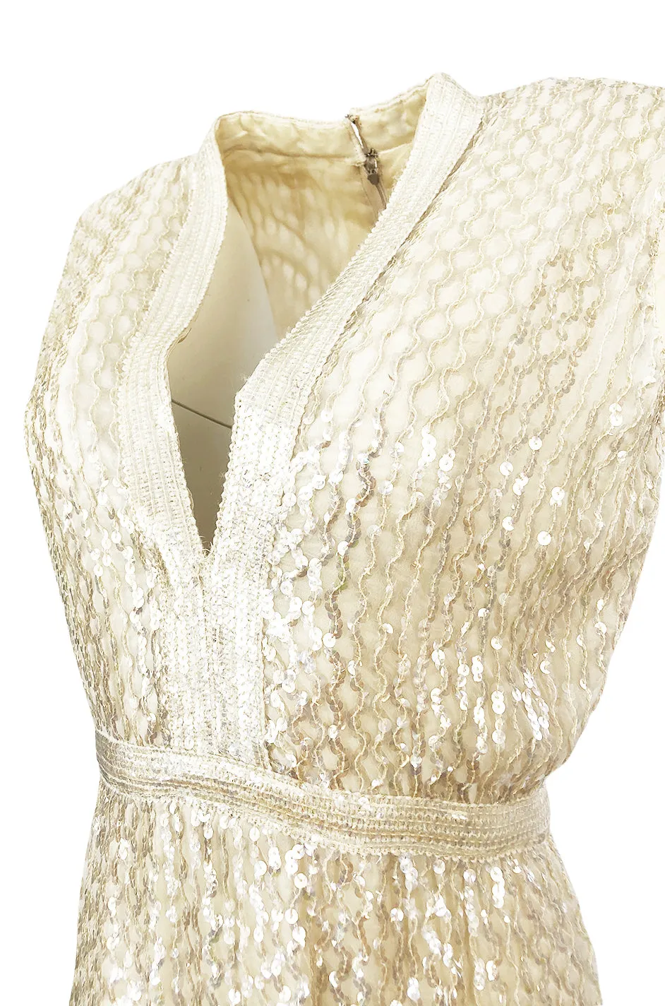 1960s Fred Perlberg Long Ivory Fully Sequinned Plunge Dress