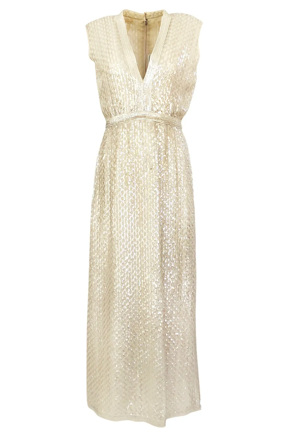 1960s Fred Perlberg Long Ivory Fully Sequinned Plunge Dress