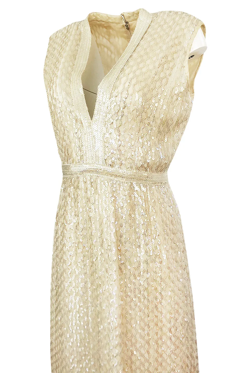 1960s Fred Perlberg Long Ivory Fully Sequinned Plunge Dress