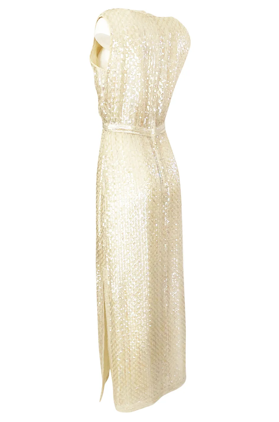 1960s Fred Perlberg Long Ivory Fully Sequinned Plunge Dress