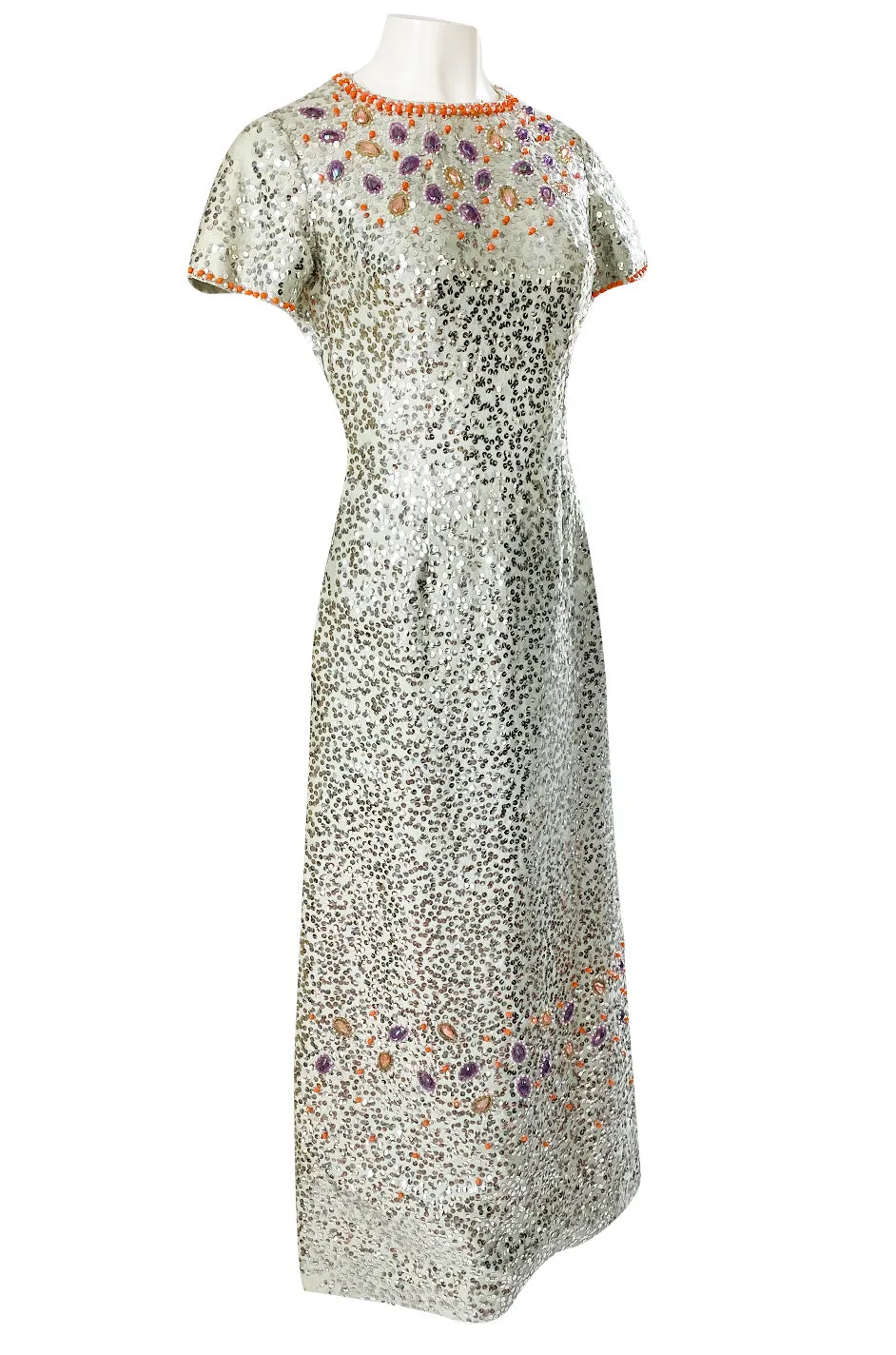 1960s Gene Shelley Pale Ice Blue Silk Dress w Silver Sequins & Beads