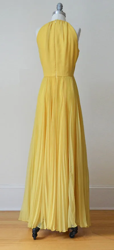 1960s MOD Pleated Marigold Chiffon Maxi Dress and Cape by Miss Bergdorf