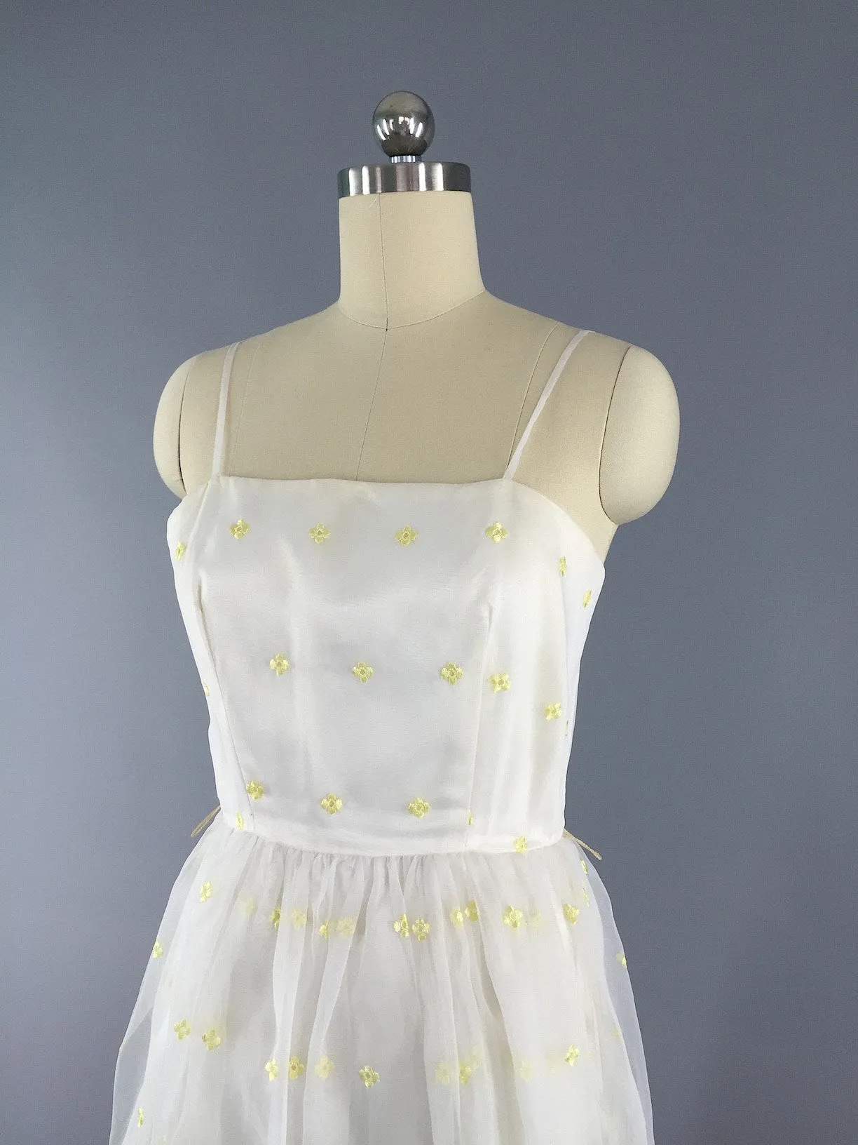 1960s Vintage White and Yellow Chiffon Dress