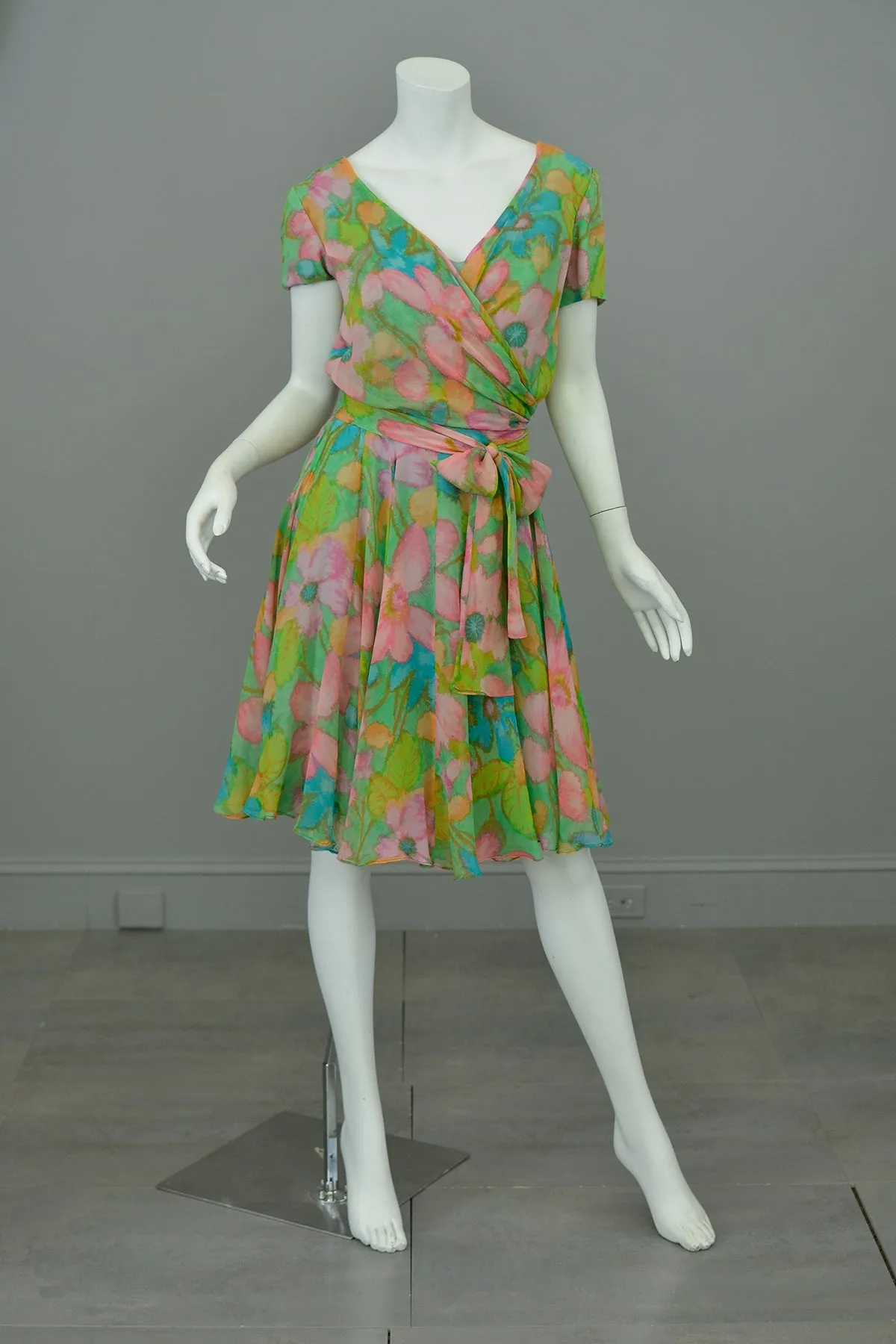 1960s Watercolor Floral Print Draping Wrap Front Dress | Garden Party Dress | TLC Hot Mess