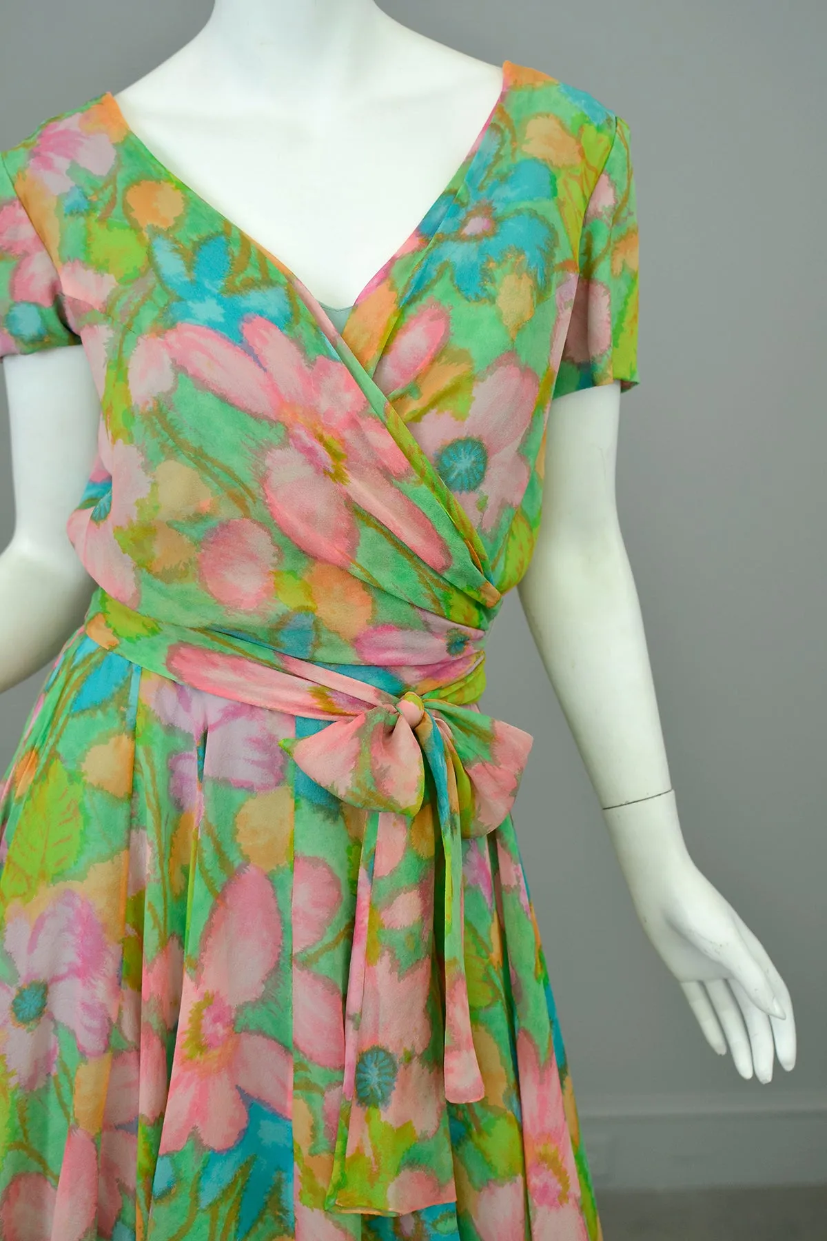 1960s Watercolor Floral Print Draping Wrap Front Dress | Garden Party Dress | TLC Hot Mess