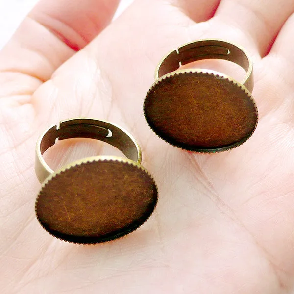 20mm Bezel Ring Blanks with Round Cameo Bezel Cups | Adjustable Bezel Ring Setting with Round Cabochon Bezel Tray | Ring Findings (2 pcs / Antique Bronze)