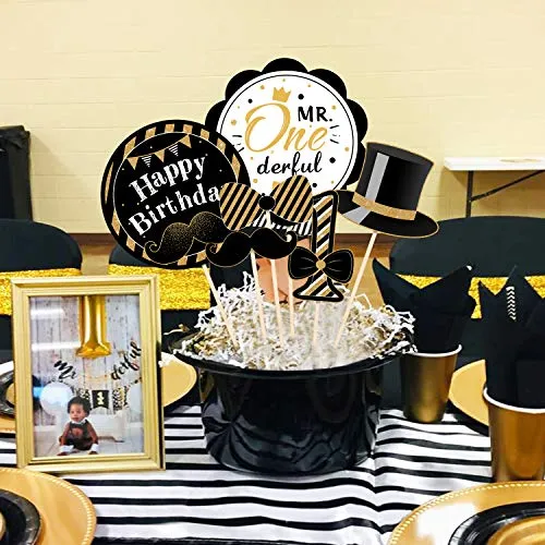 24Pack Mr Onederful Centerpiece Sticks Table Toppers Little Man First Birthday Party Decorations, Black and Gold Party Favor Table Decoration Mustache Party Decor