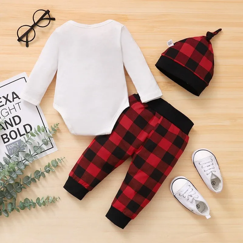 3-piece Cute Letter Bowknot Bodysuit and Plaid Pants Set