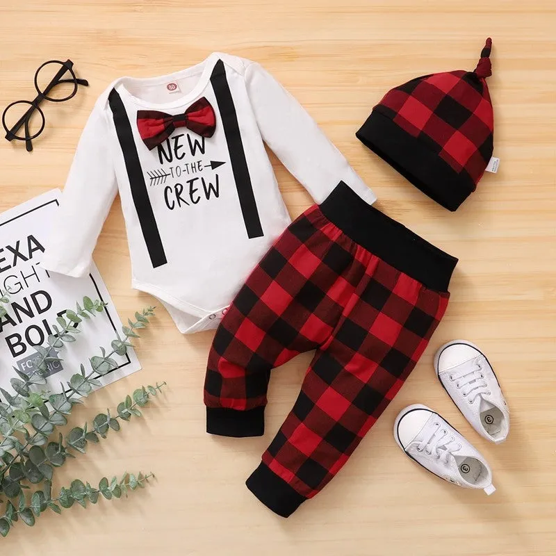 3-piece Cute Letter Bowknot Bodysuit and Plaid Pants Set