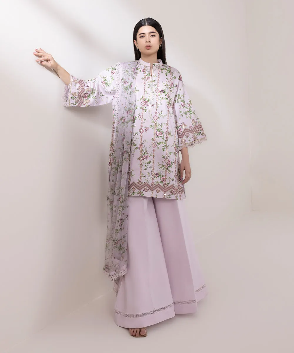 3 Piece - Embroidered Cotton Satin Suit