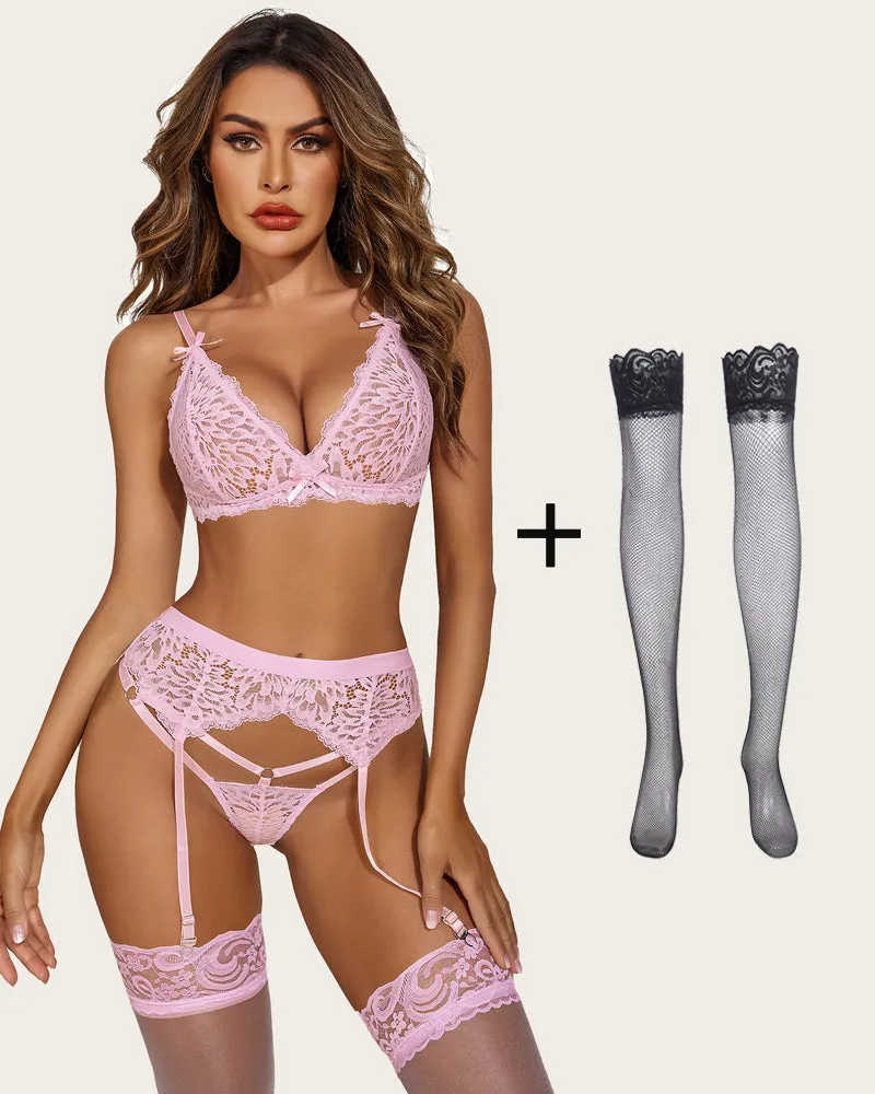 3 Piece Lace Leaves Bra and Panty Set with Garter Blet