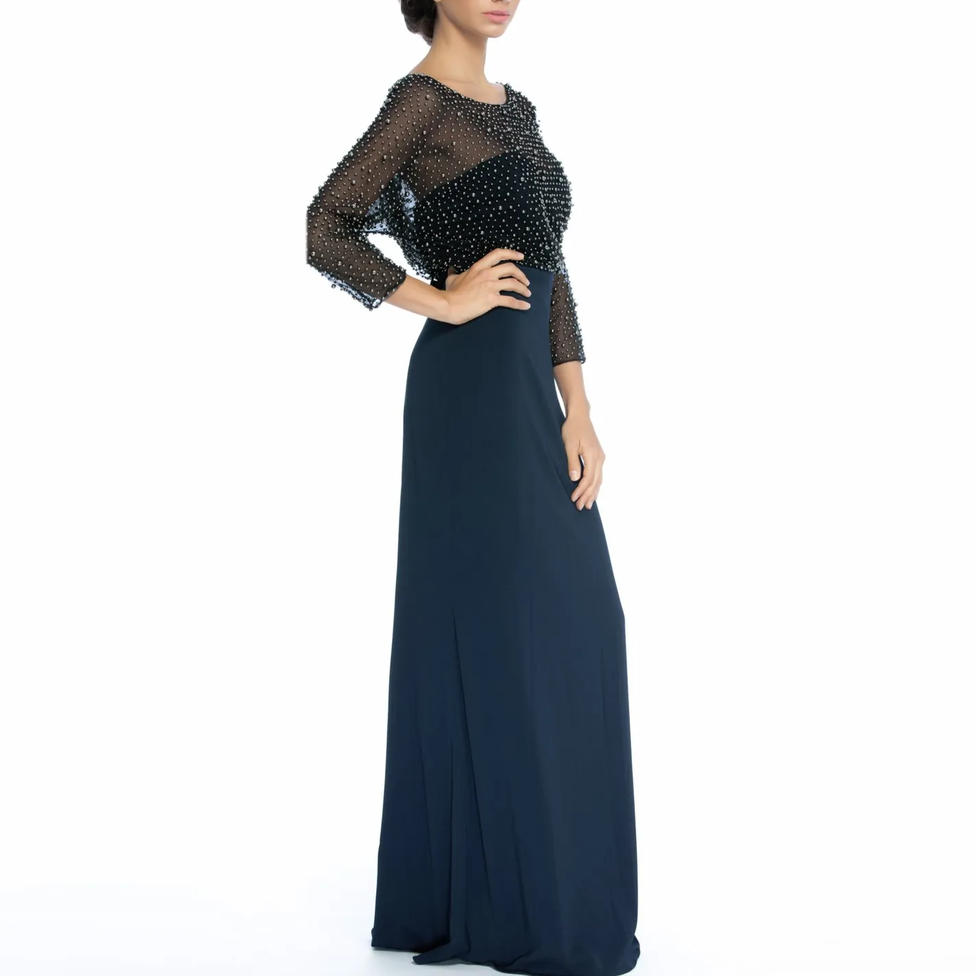 3/4-Sleeve Beaded Blouson Gown