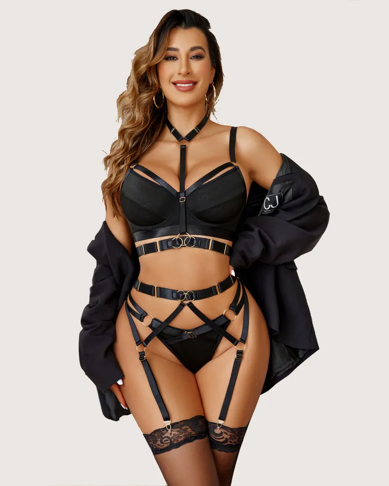 4 Piece Lingerie with Garter Push Up Bra and Panty Set