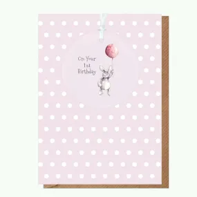 A6 Greeting Card with Ceramic Keepsake - Baby 1st Birthday Girl Teddy & Balloon