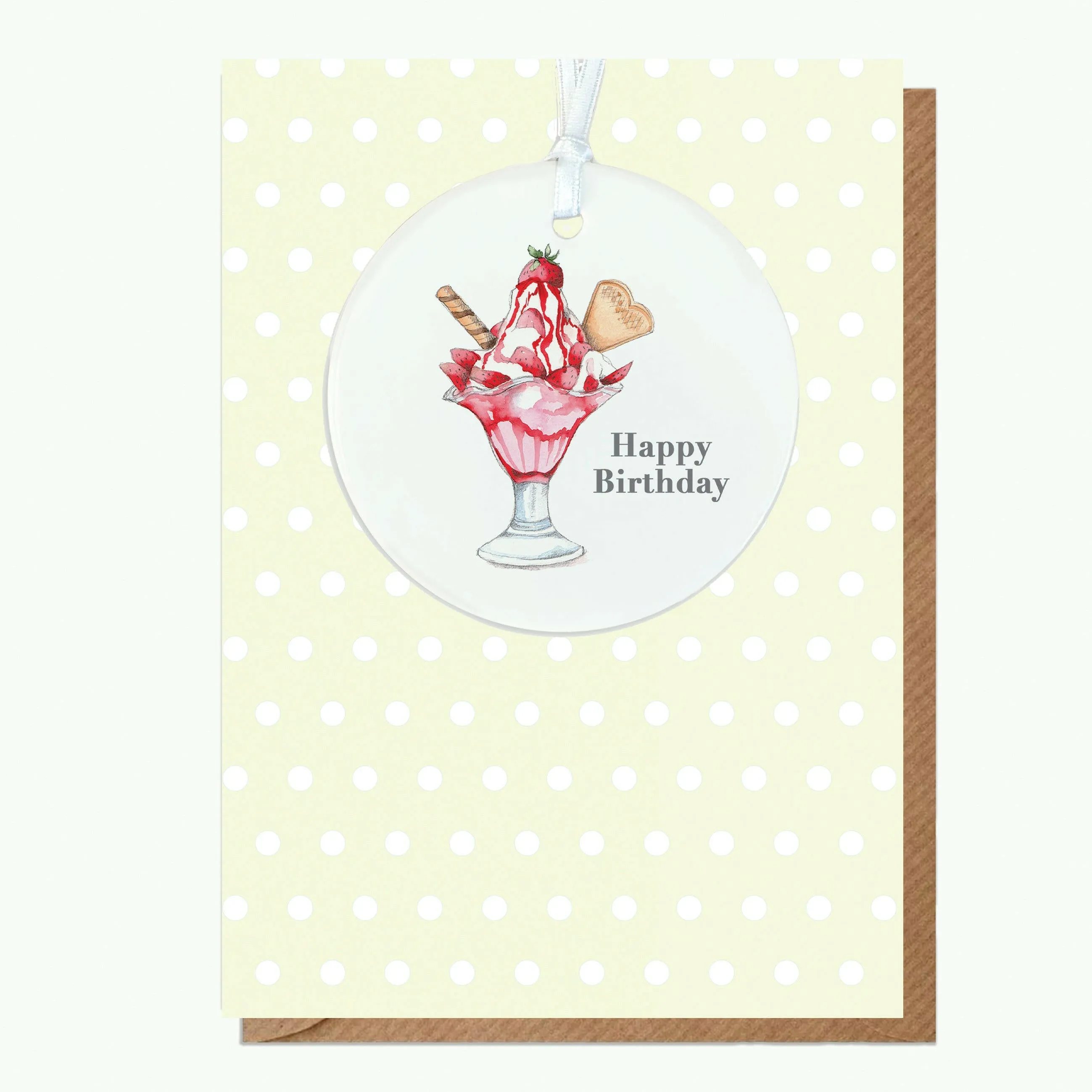 A6 Greeting Card with Ceramic Keepsake - Strawberry Sundae Happy Birthday