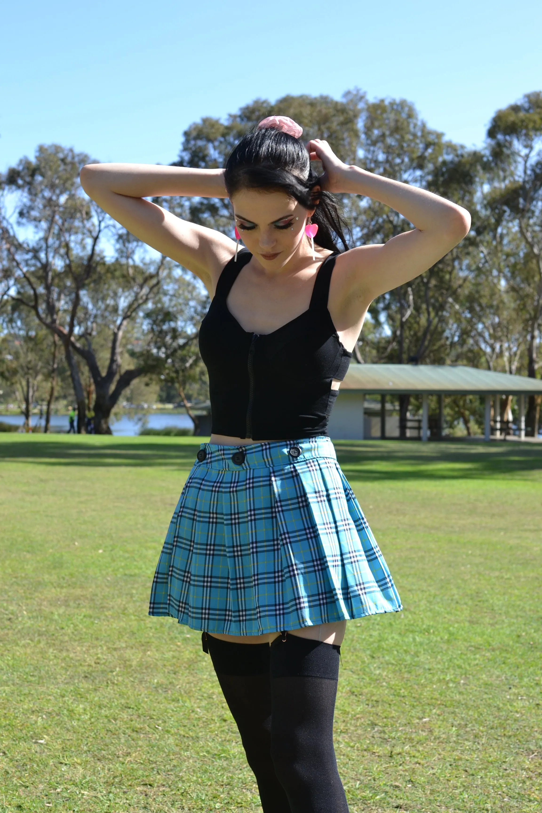 Adjustable Light Blue Plaid Skirt