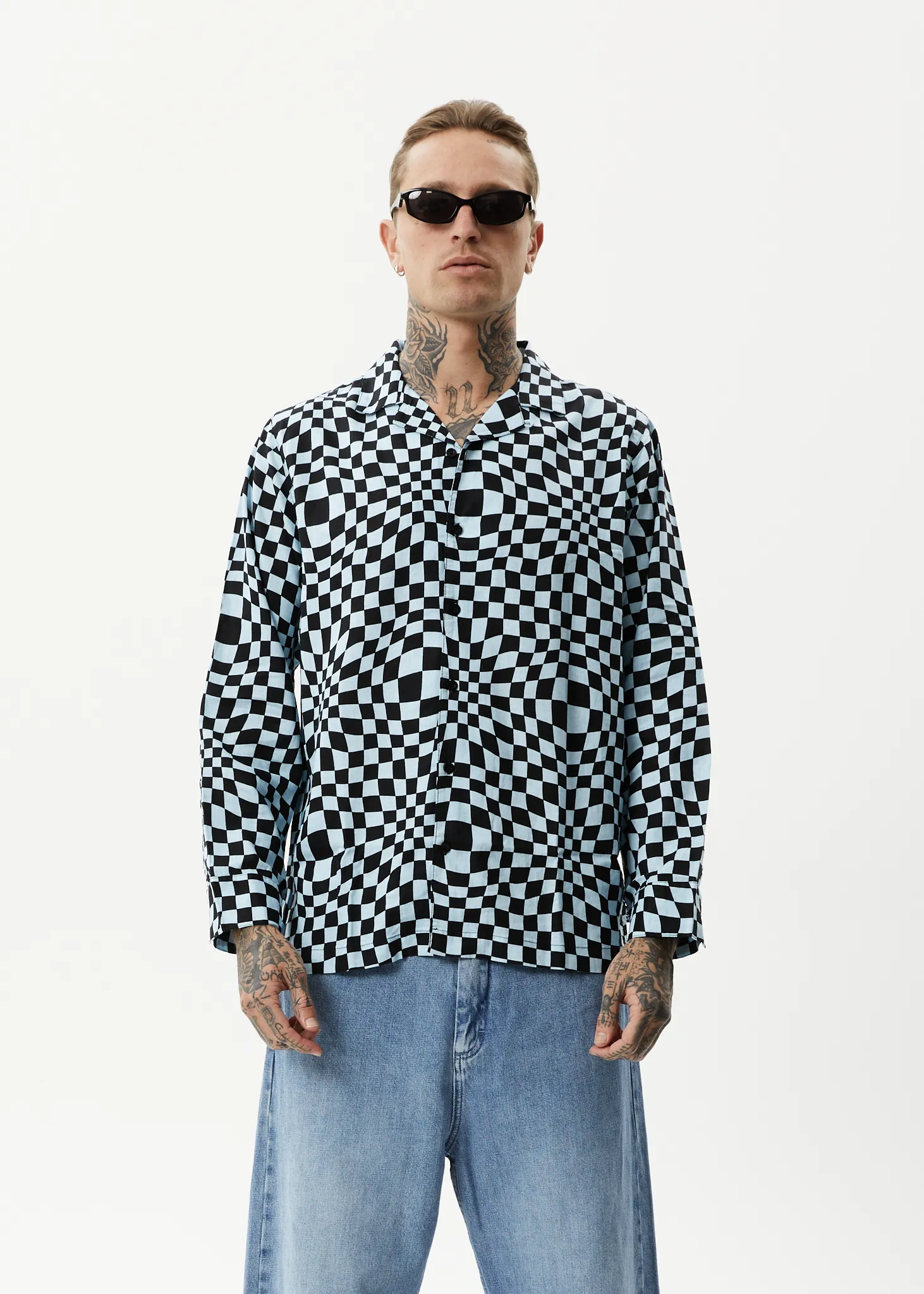 AFENDS Mens Void - Check Long Sleeve Shirt - Sky Blue