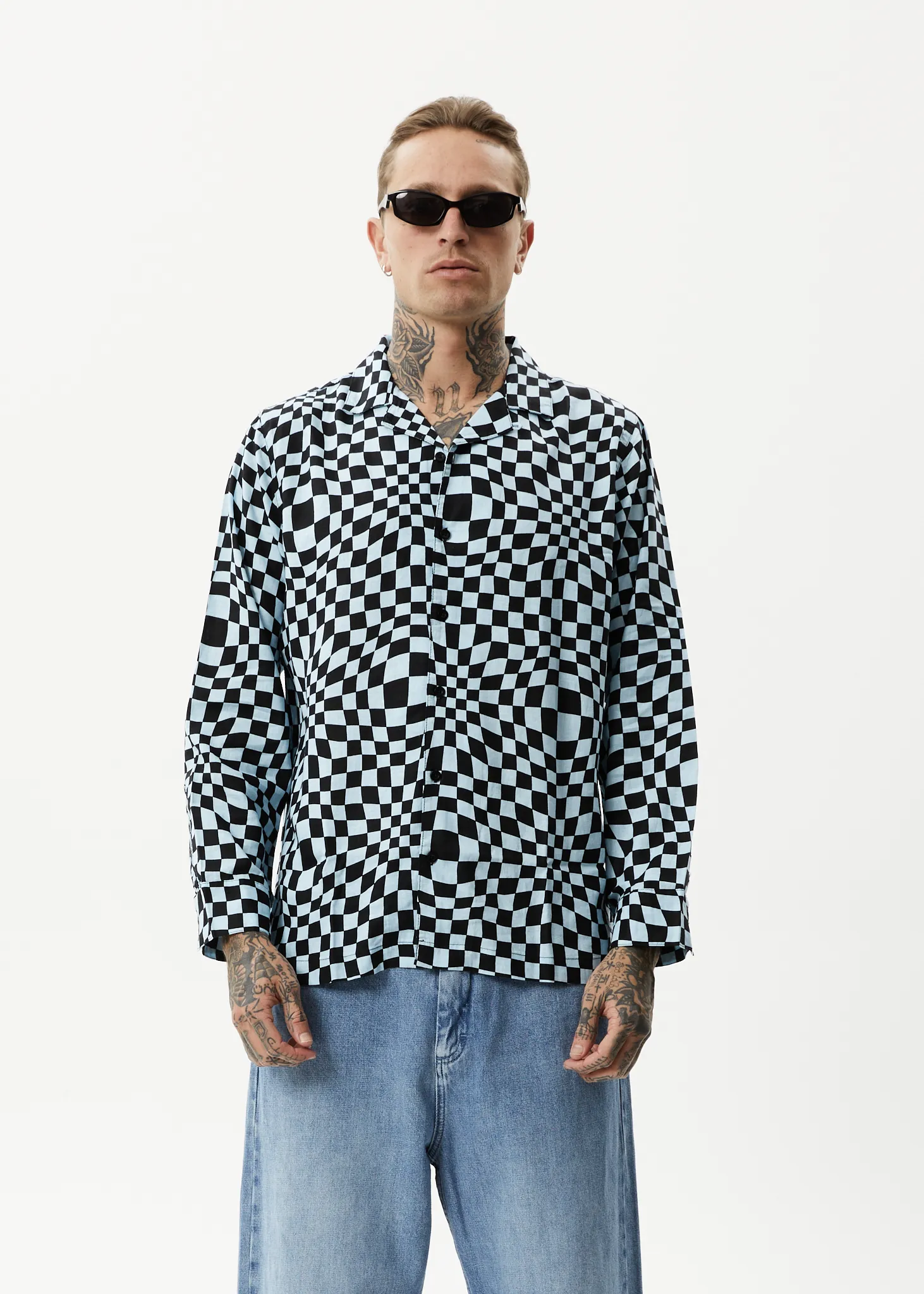 AFENDS Mens Void - Check Long Sleeve Shirt - Sky Blue