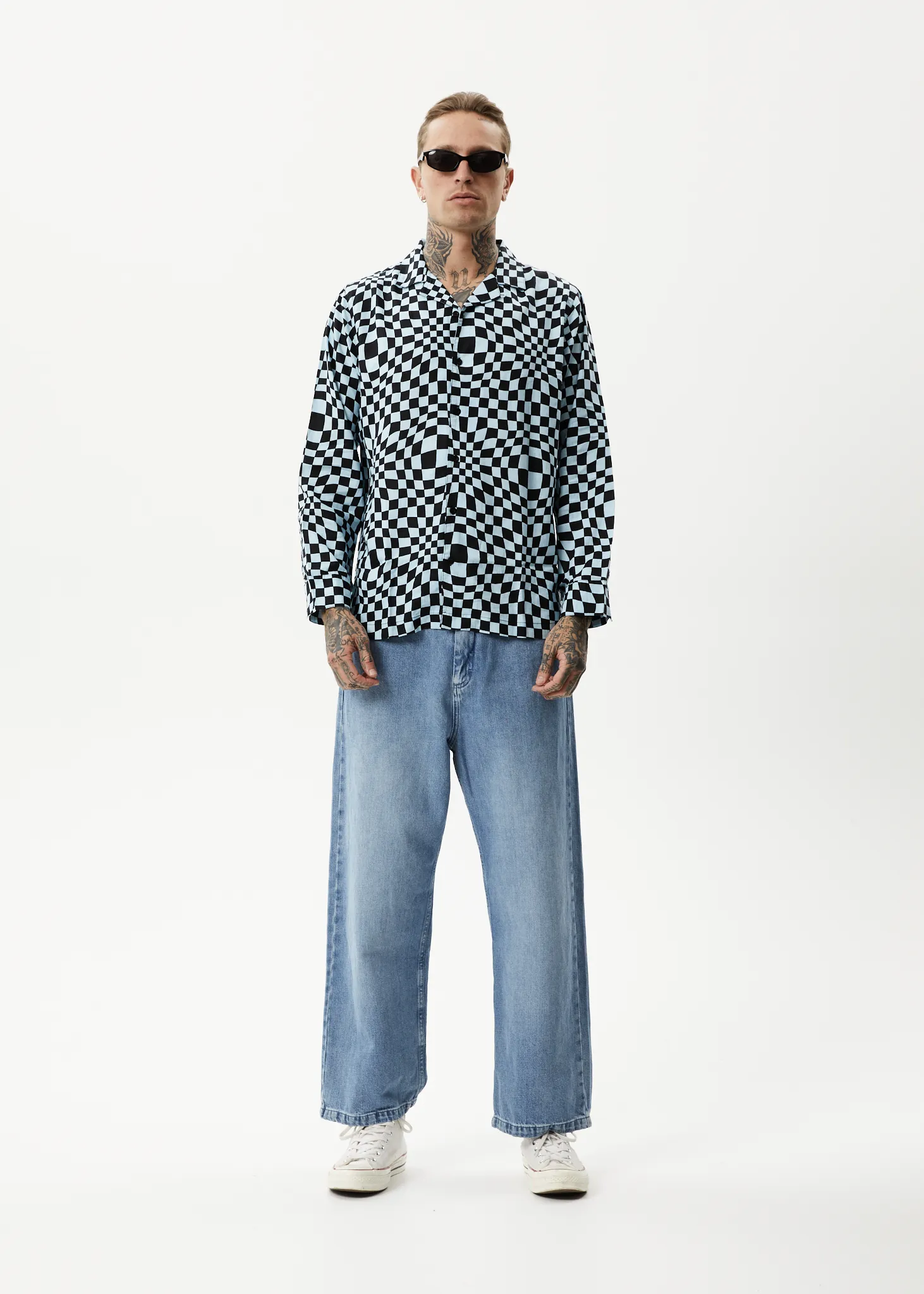 AFENDS Mens Void - Check Long Sleeve Shirt - Sky Blue