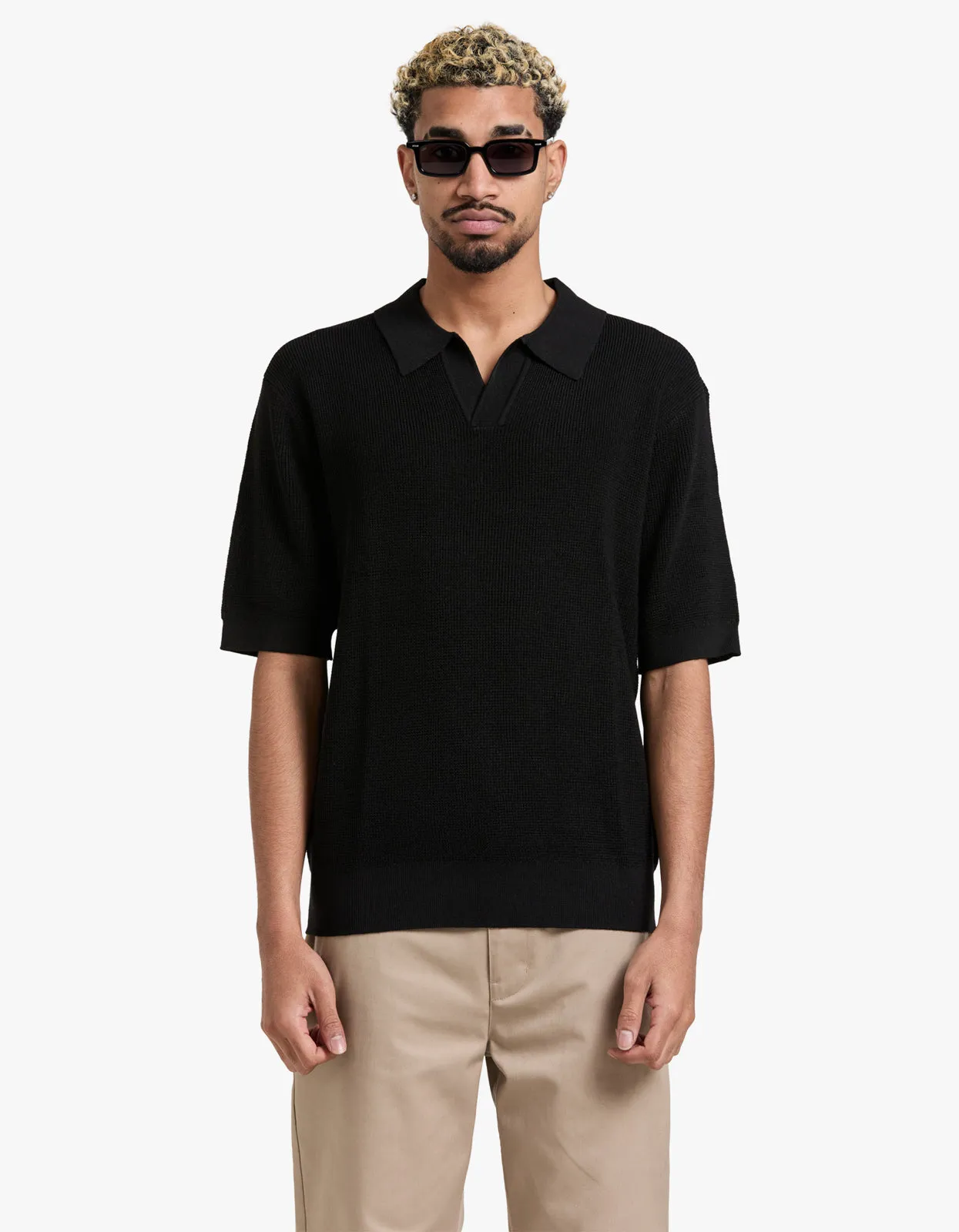 Alex Merino Wool Open Placket Polo - Black