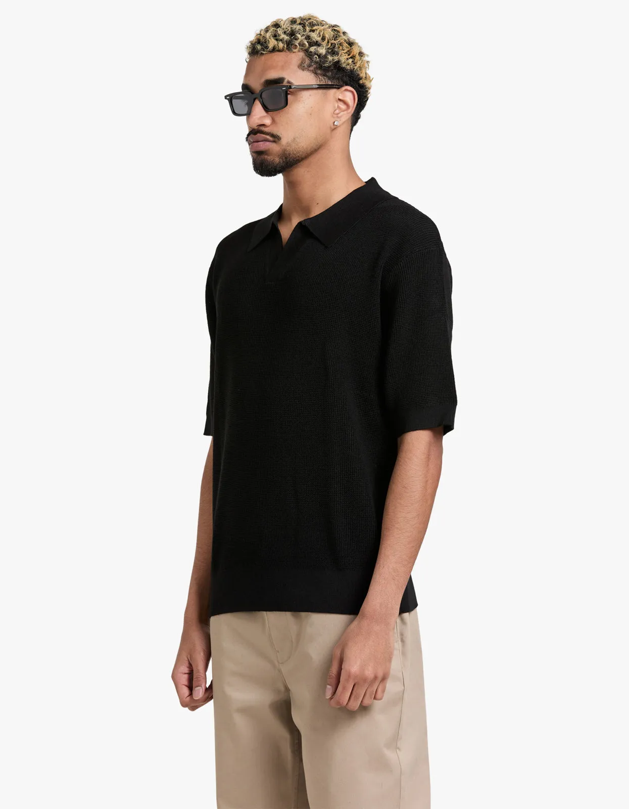 Alex Merino Wool Open Placket Polo - Black