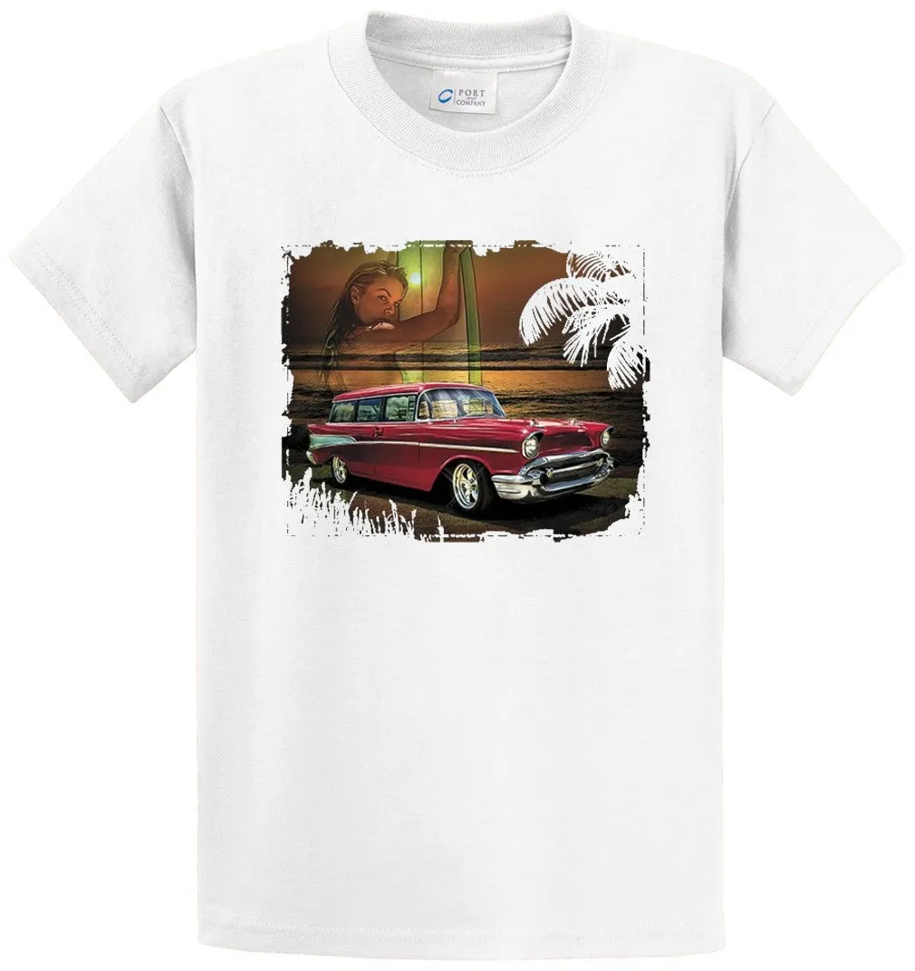 Antique Car On Beach Printed Tee Shirt