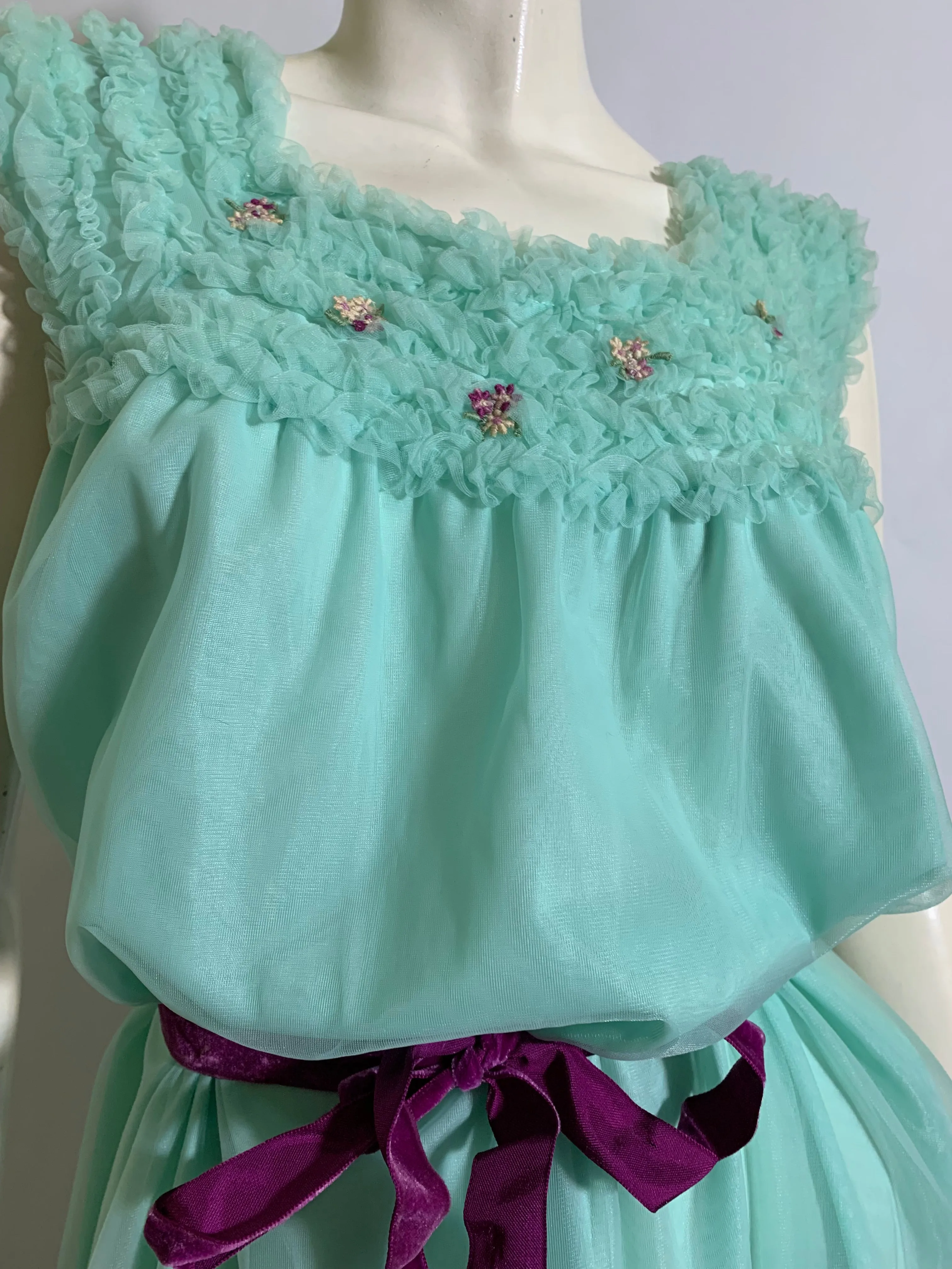 Aqua Blue Nylon Nightgown with Ruffles and Flowers circa 1960s