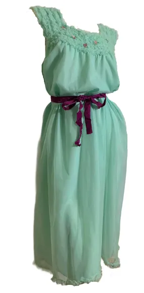 Aqua Blue Nylon Nightgown with Ruffles and Flowers circa 1960s