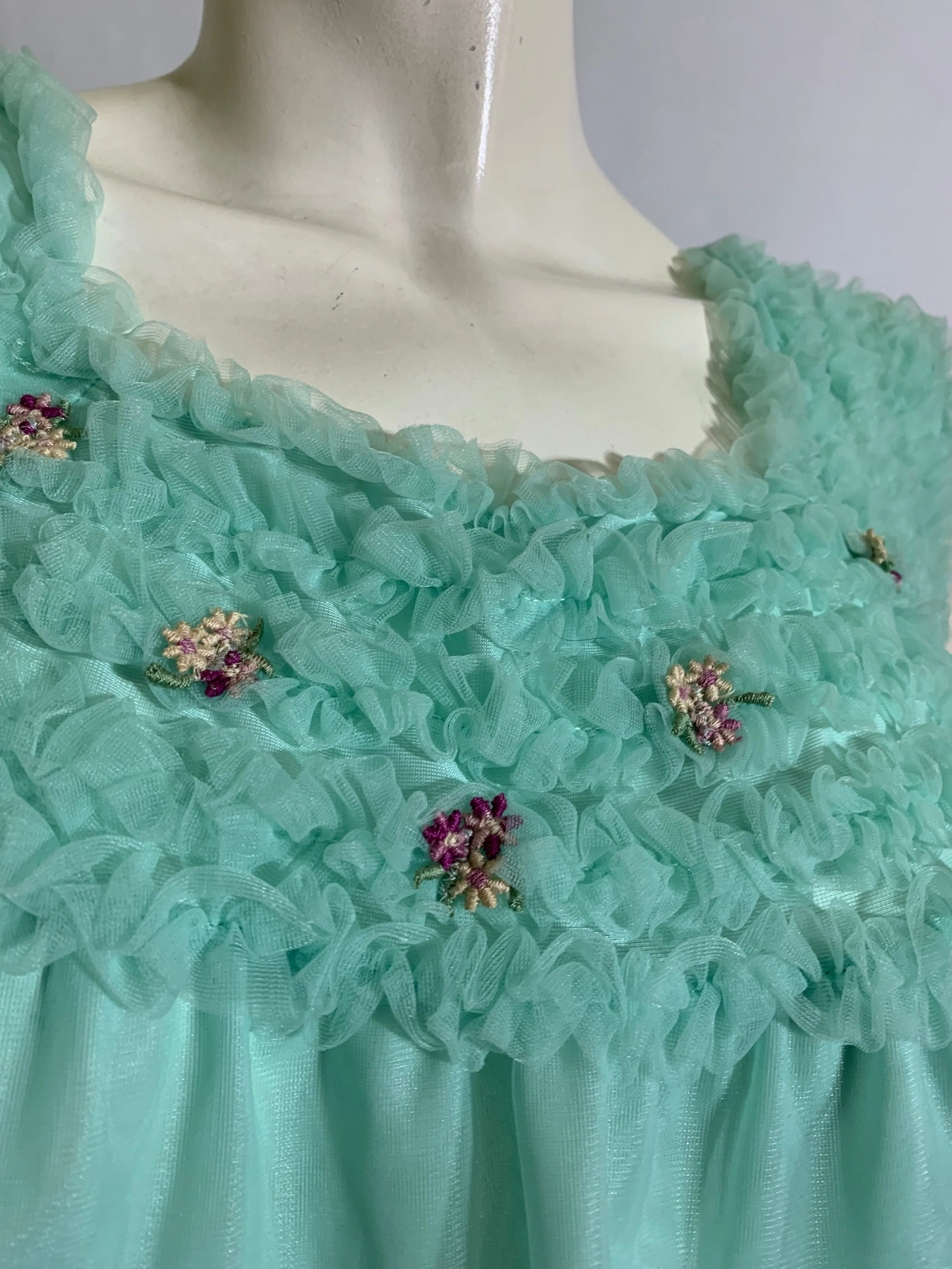 Aqua Blue Nylon Nightgown with Ruffles and Flowers circa 1960s