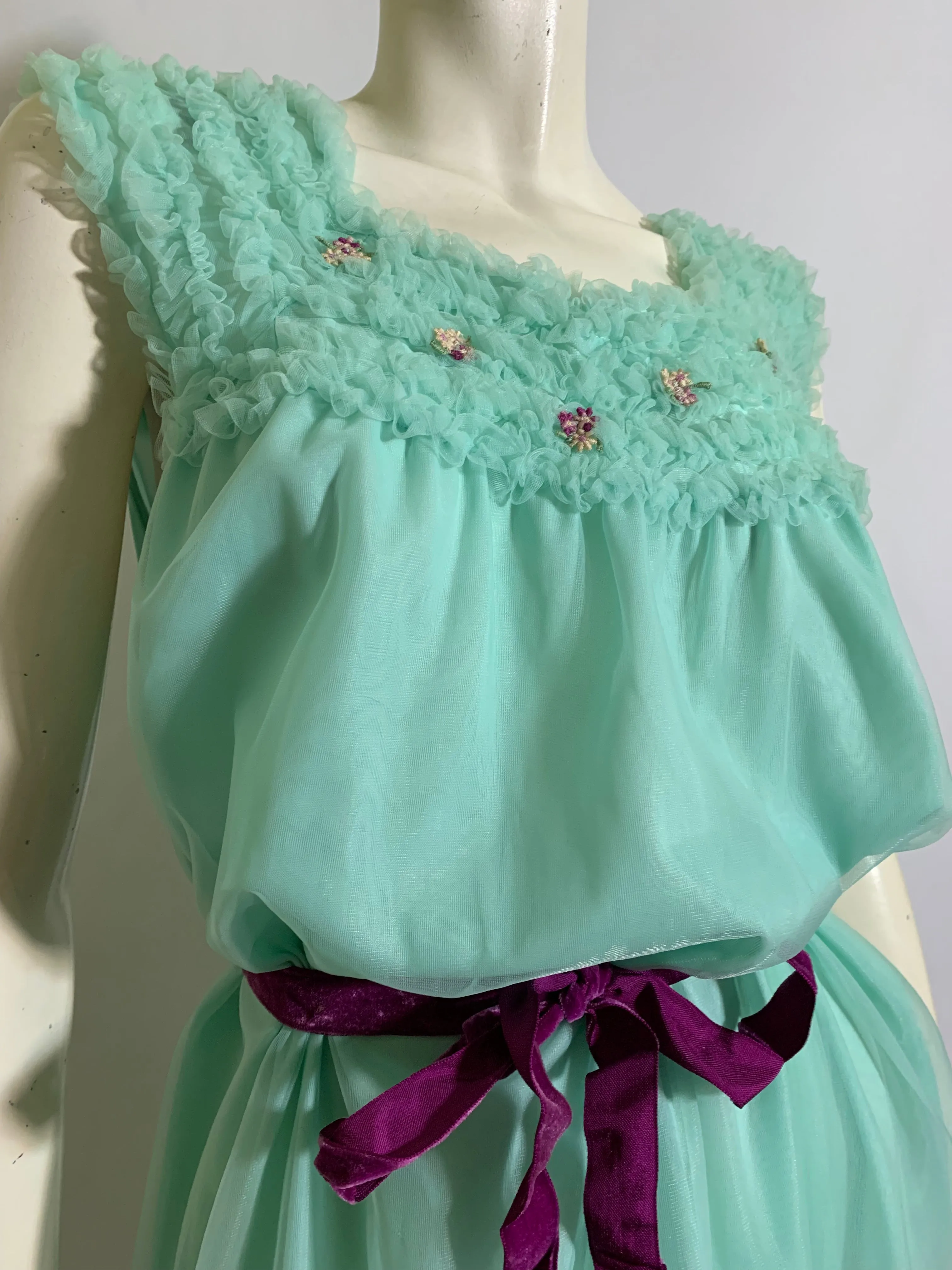 Aqua Blue Nylon Nightgown with Ruffles and Flowers circa 1960s