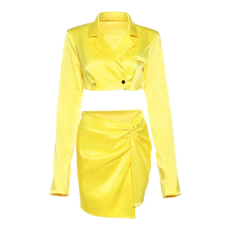 Autumn Winter Women   Collared Long Sleeve Short Blazer Slim High Waist Skirt Set