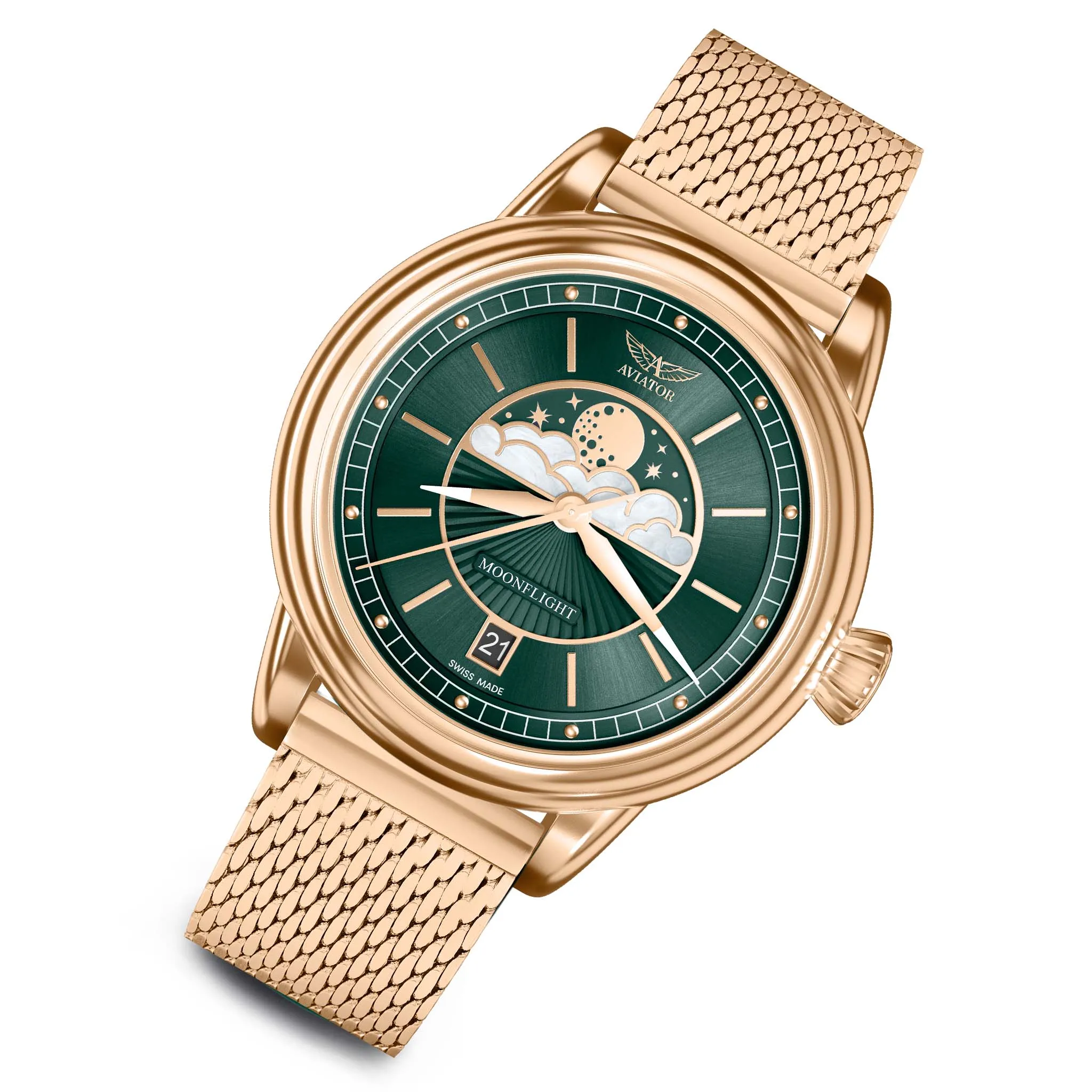 Aviator Green Milanese Stainless Steel Mesh Swiss Made Women's Watch - V13322635