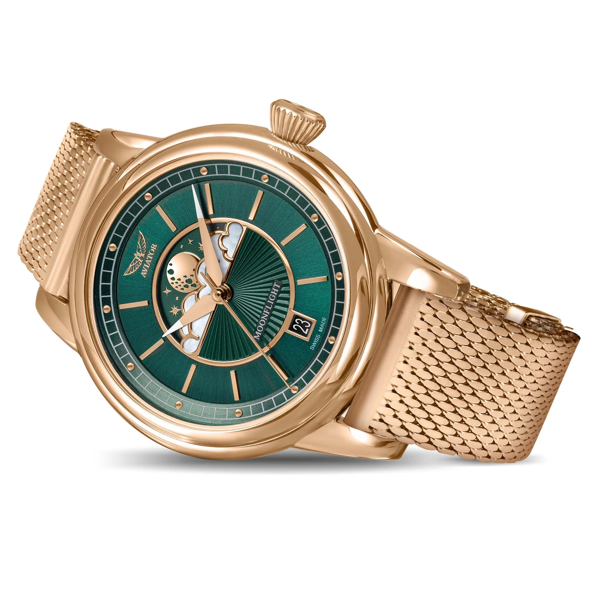 Aviator Green Milanese Stainless Steel Mesh Swiss Made Women's Watch - V13322635