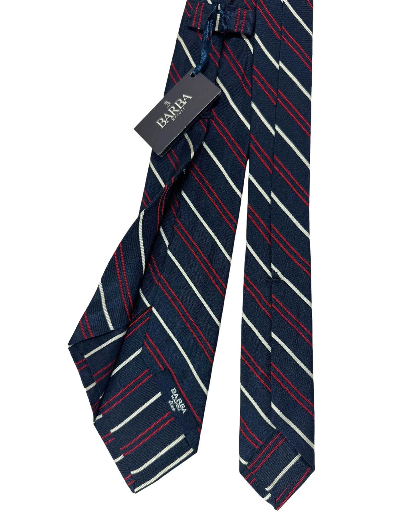 Barba Sevenfold Tie Navy Red Silver Stripes Design - Sartorial Neckwear