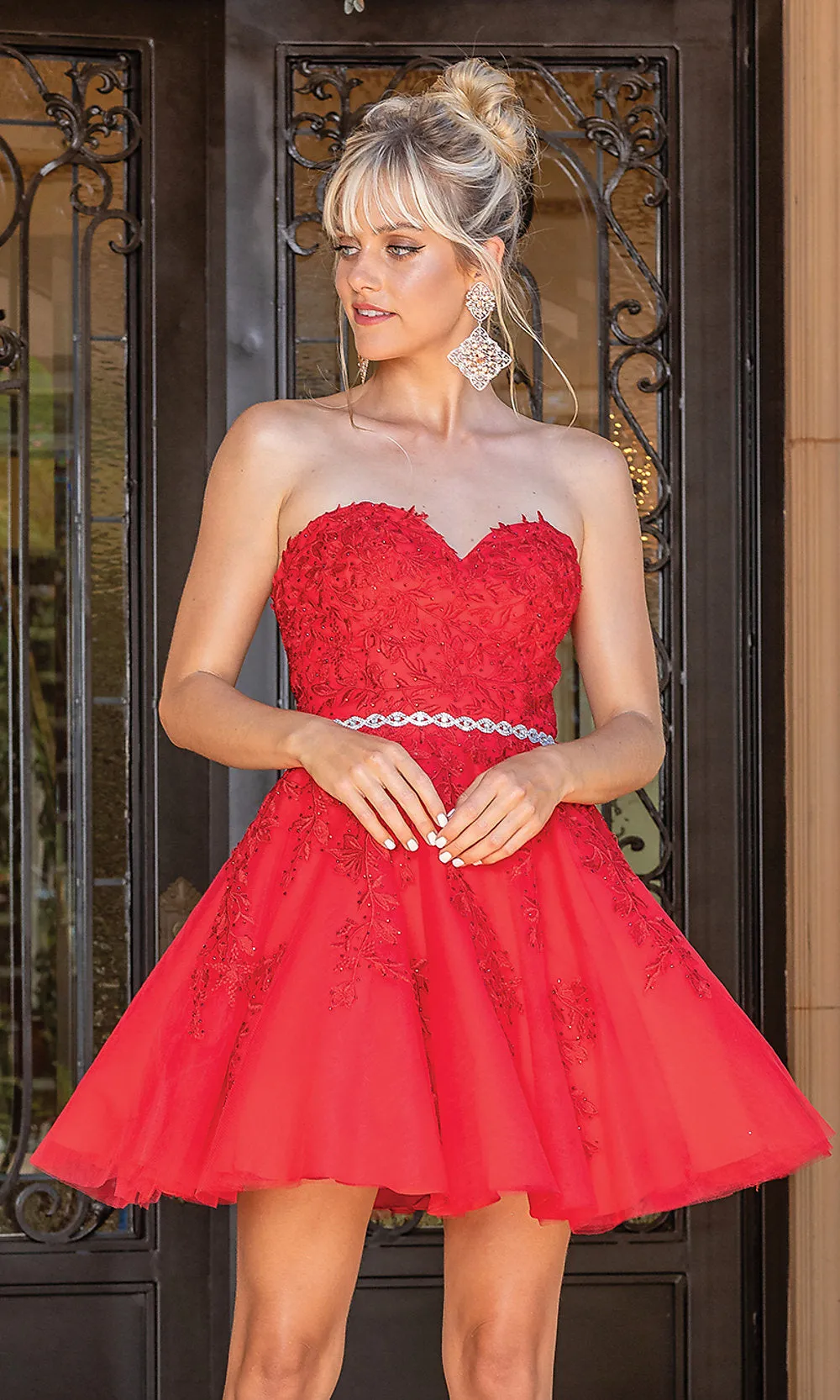 Beaded-Waist Strapless Short Party Dress