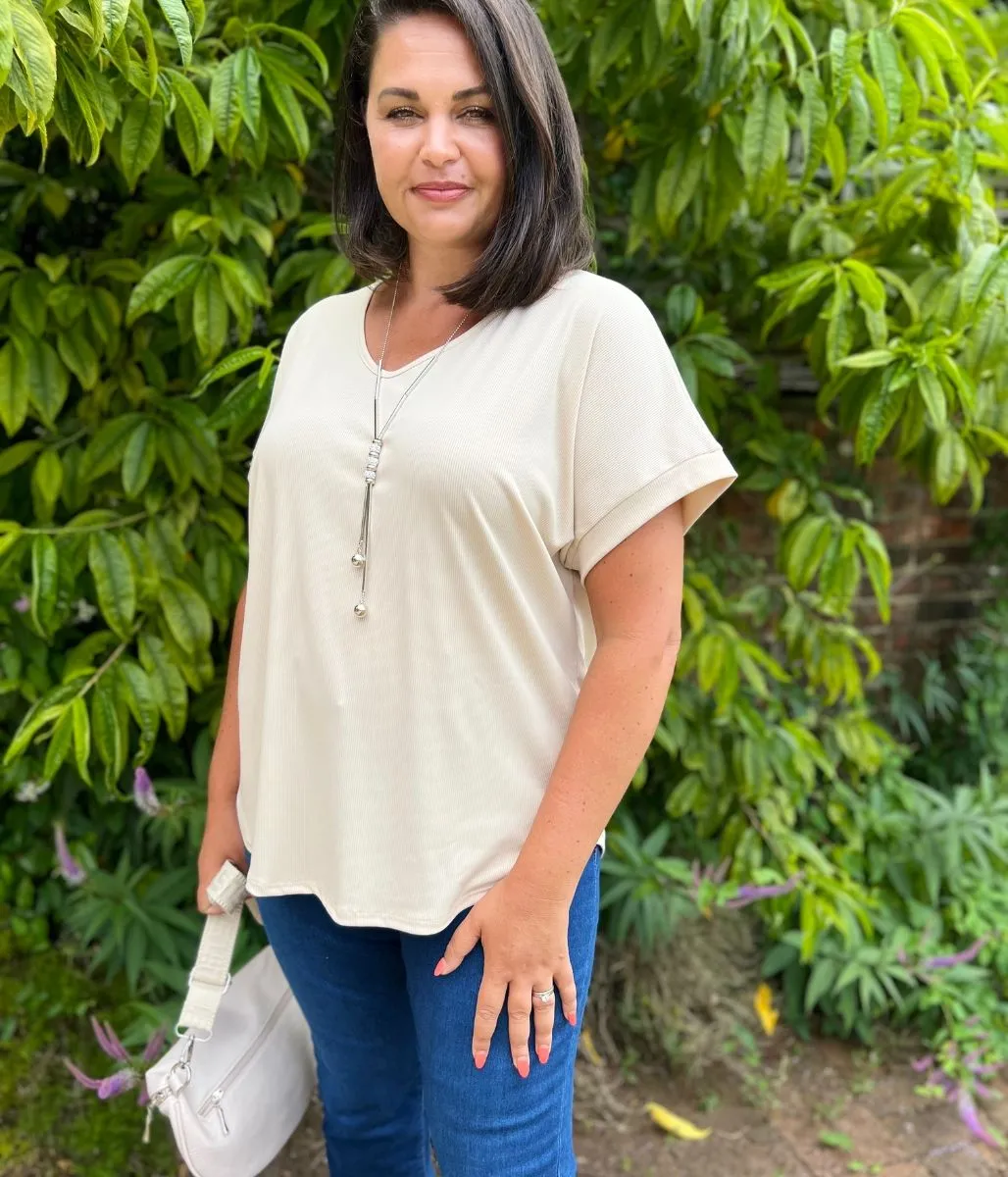 Beige Ribbed Necklace Top