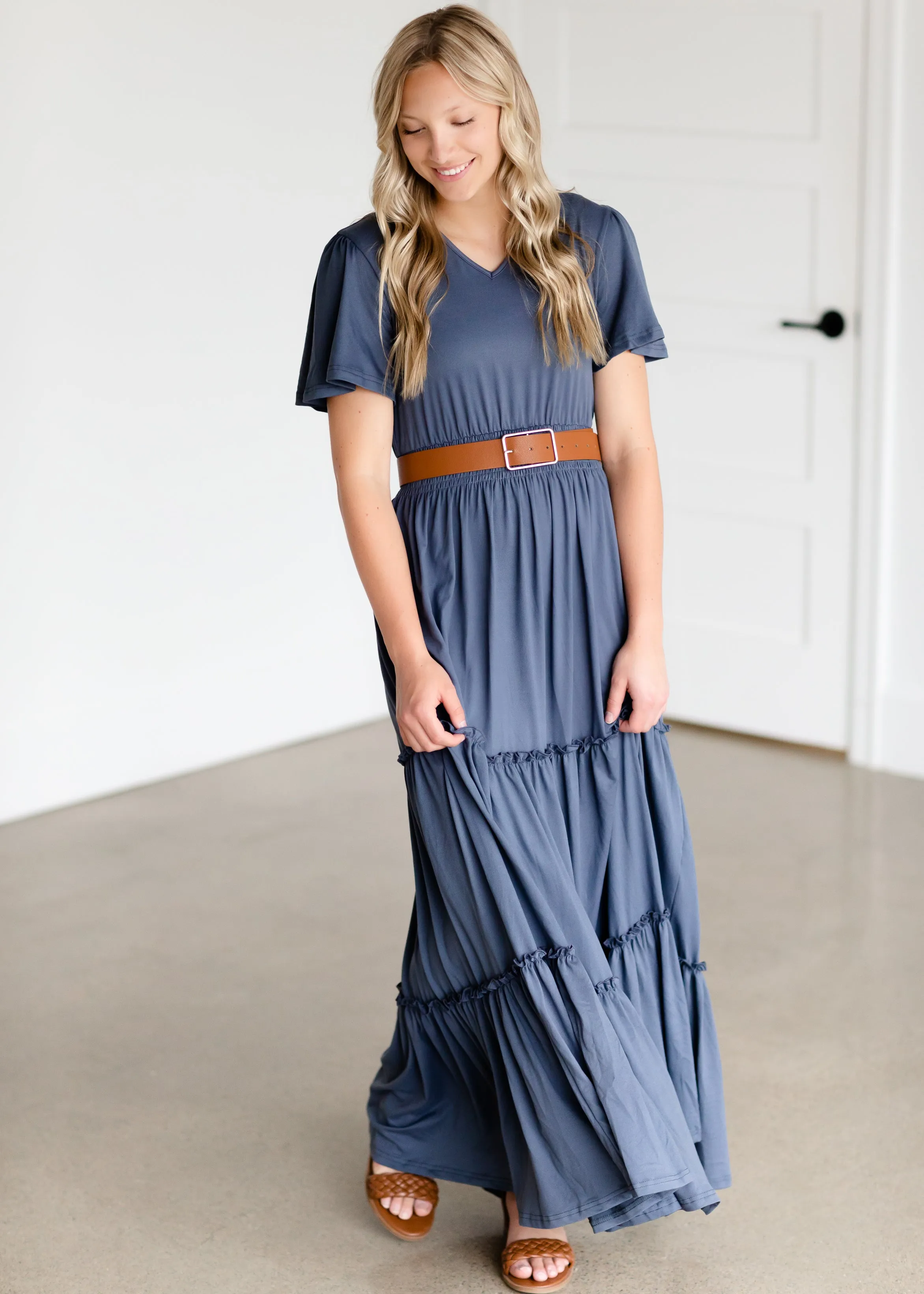 Blue Tiered Cinched Waist Maxi Dress - FINAL SALE