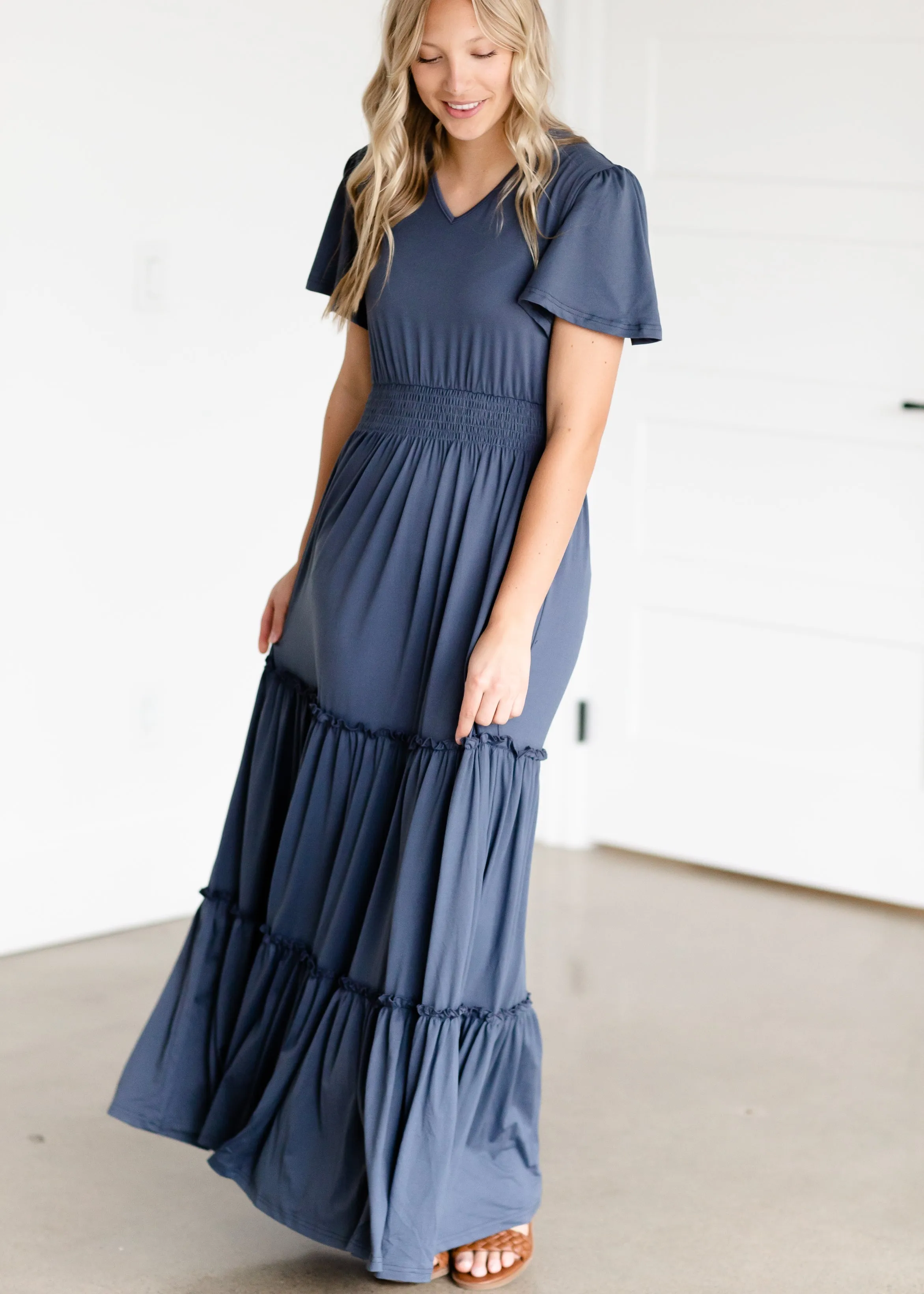 Blue Tiered Cinched Waist Maxi Dress - FINAL SALE