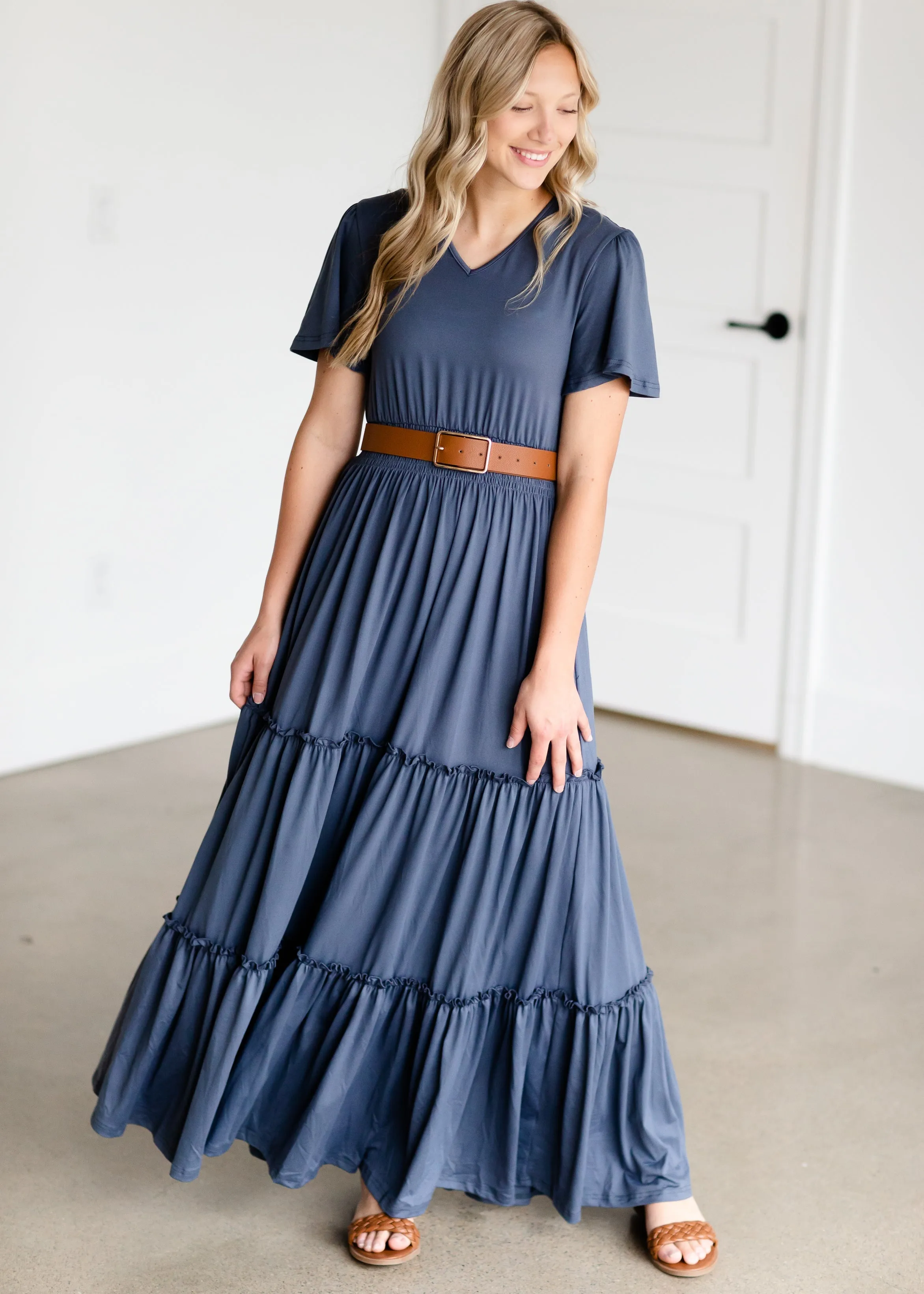 Blue Tiered Cinched Waist Maxi Dress - FINAL SALE