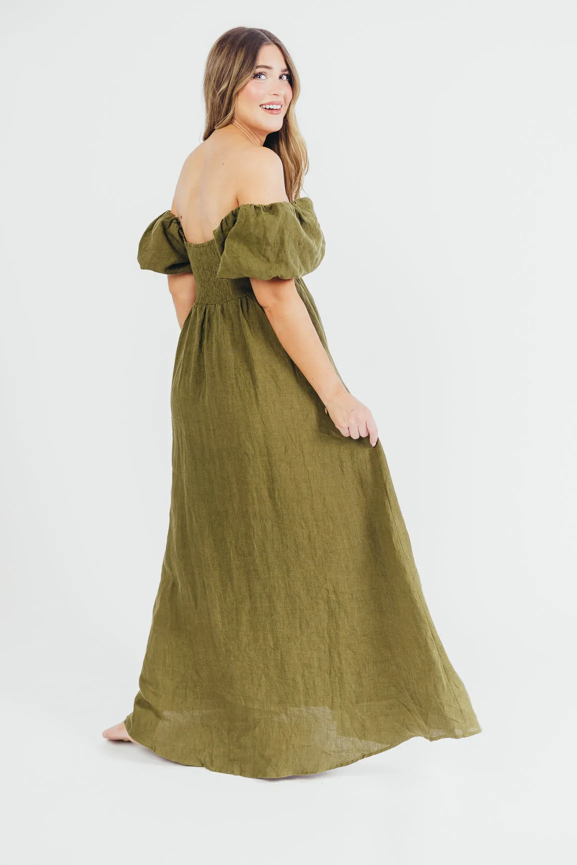 Candace Maxi Dress in Dark Olive - 100% Linen - Bump Friendly